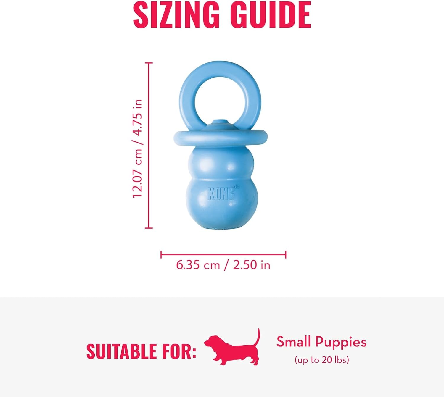 Sizing guide for a blue dog toy with dimensions and suitability for small puppies at Pet Servo