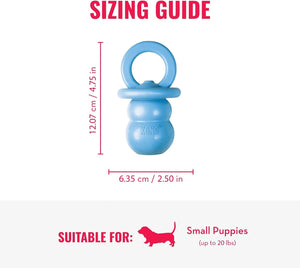 Sizing guide for a blue dog toy with dimensions and suitability for small puppies at Pet Servo