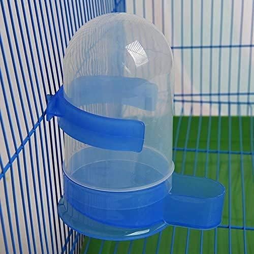 Blue and clear plastic bird cage perch attached to a birdcage with a blue and green background at Pet Servo