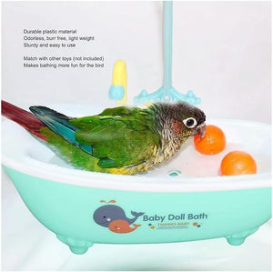 Bird in a bathtub with toys, featuring text about product features at Pet Servo