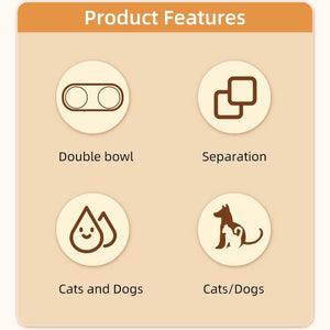 Product features graphic showing a double bowl pet feeder with icons and labels for 'Double bowl', 'Separation', 'Cats and Dogs', and 'Cats/Dogs' on a beige background with an orange header at Pet Servo