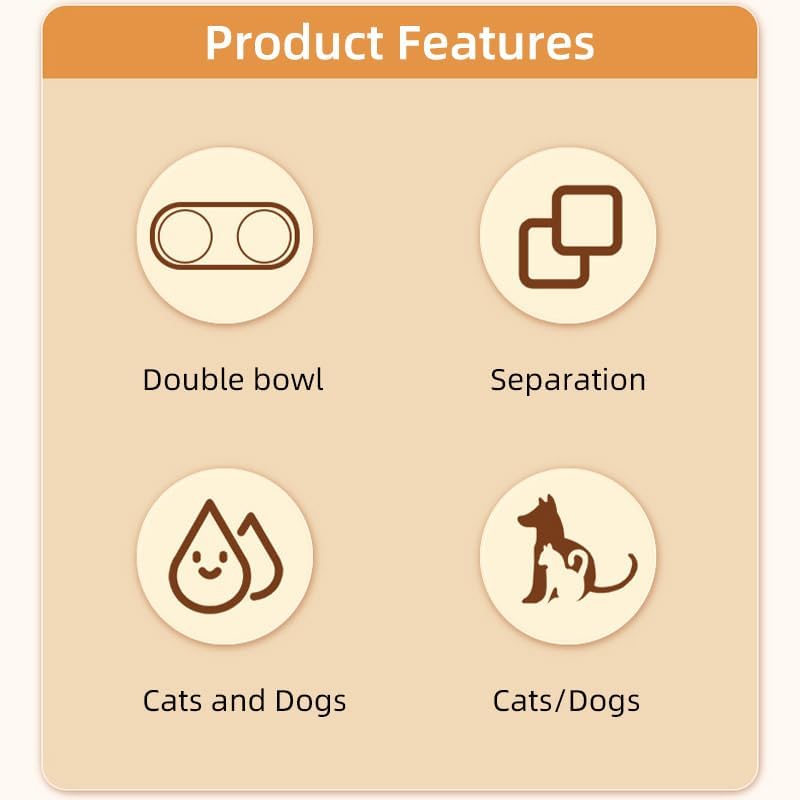 Product features graphic showing a double bowl pet feeder with icons and labels for 'Double bowl', 'Separation', 'Cats and Dogs', and 'Cats/Dogs' on a beige background with an orange header at Pet Servo
