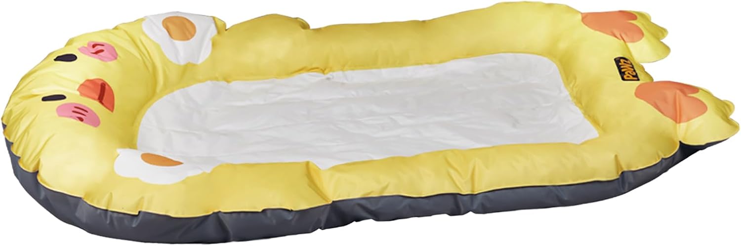 A yellow inflatable pool float designed like a cartoon duck, featuring a white padded center, a dark gray bottom edge, and embroidered facial details on the sides at Pet Servo