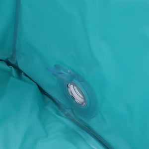 Close-up of a teal inflatable pool with a clear valve at Pet Servo