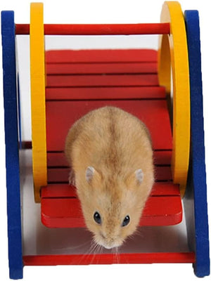 Hamster on a colorful wooden exercise wheel at Pet Servo