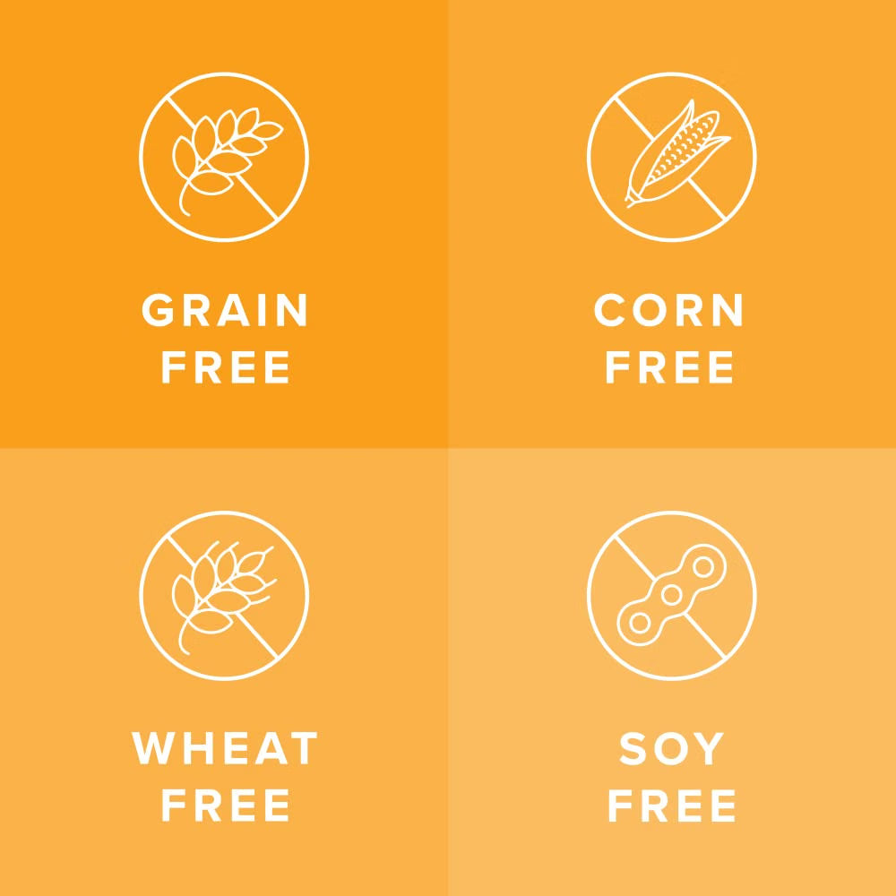 Four-panel graphic on a yellow-orange background showing white icons and text for grain free, corn free, wheat free, and soy free certifications.