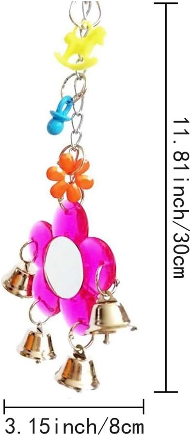 Decorative hanging ornament with colorful flowers and bells, shown with measurements at Pet Servo
