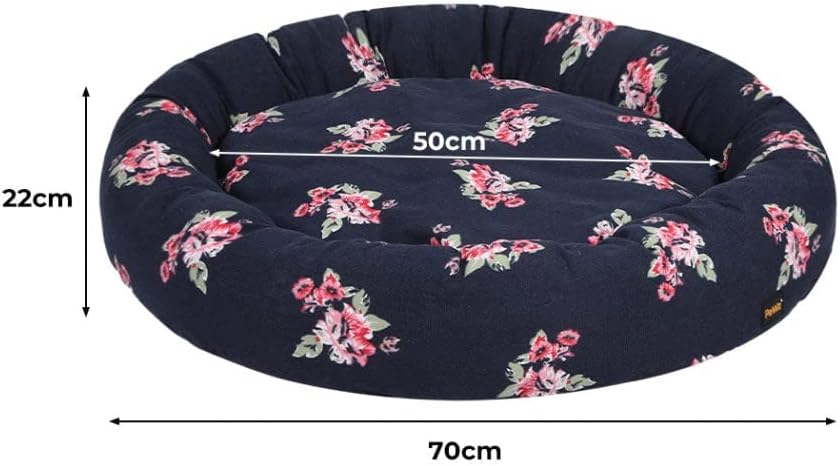 A round pet bed with a dark navy floral print, showing dimension markings of 70cm width, 50cm depth, and 22cm height on a white background at Pet Servo