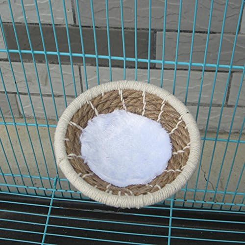 Small woven bowl with a white substance inside on a metal cage background at Pet Servo