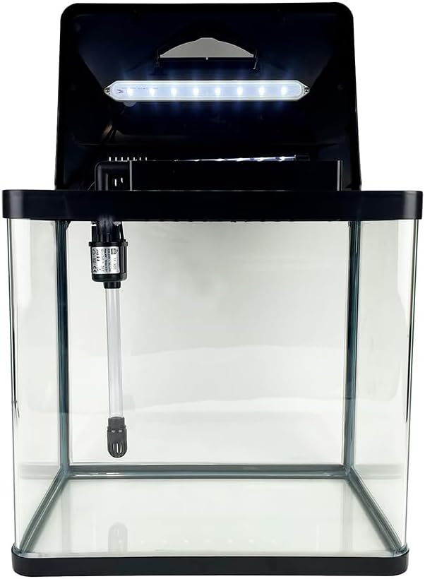 Clear fish tank with black lid featuring LED light on a white background at Pet Servo