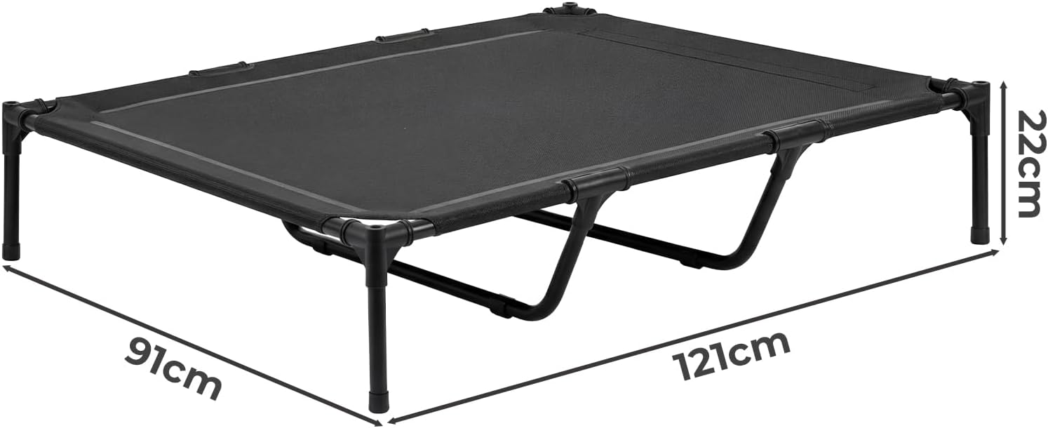 Black folding bed with dimensions labeled on a white background at Pet Servo