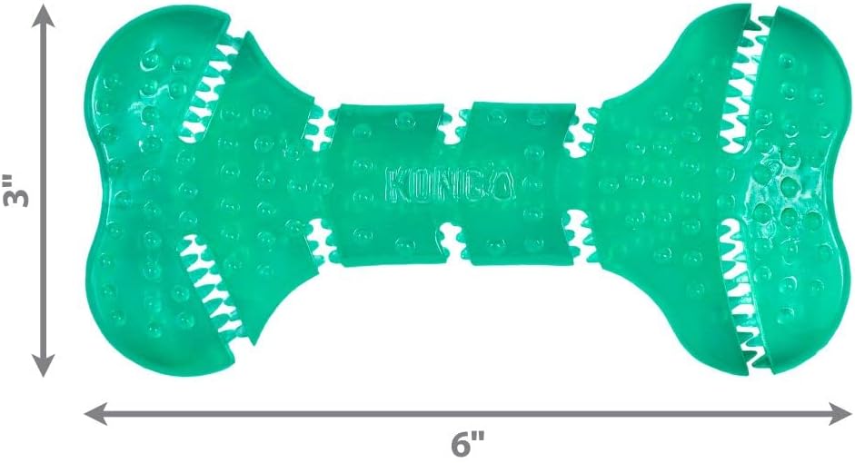 Green bone-shaped dog toy with white stitching, labeled 'KONG', and measurements on a black background at Pet Servo