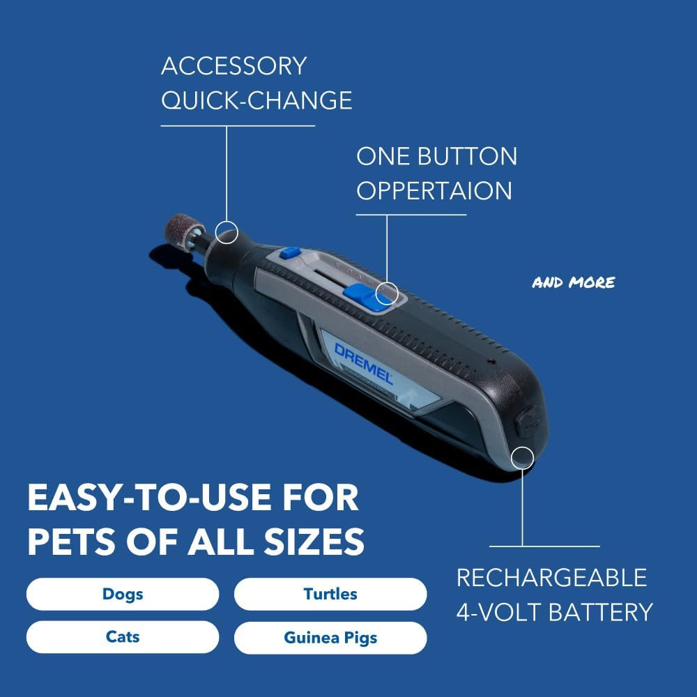 Dremel tool with features highlighted on a blue background
