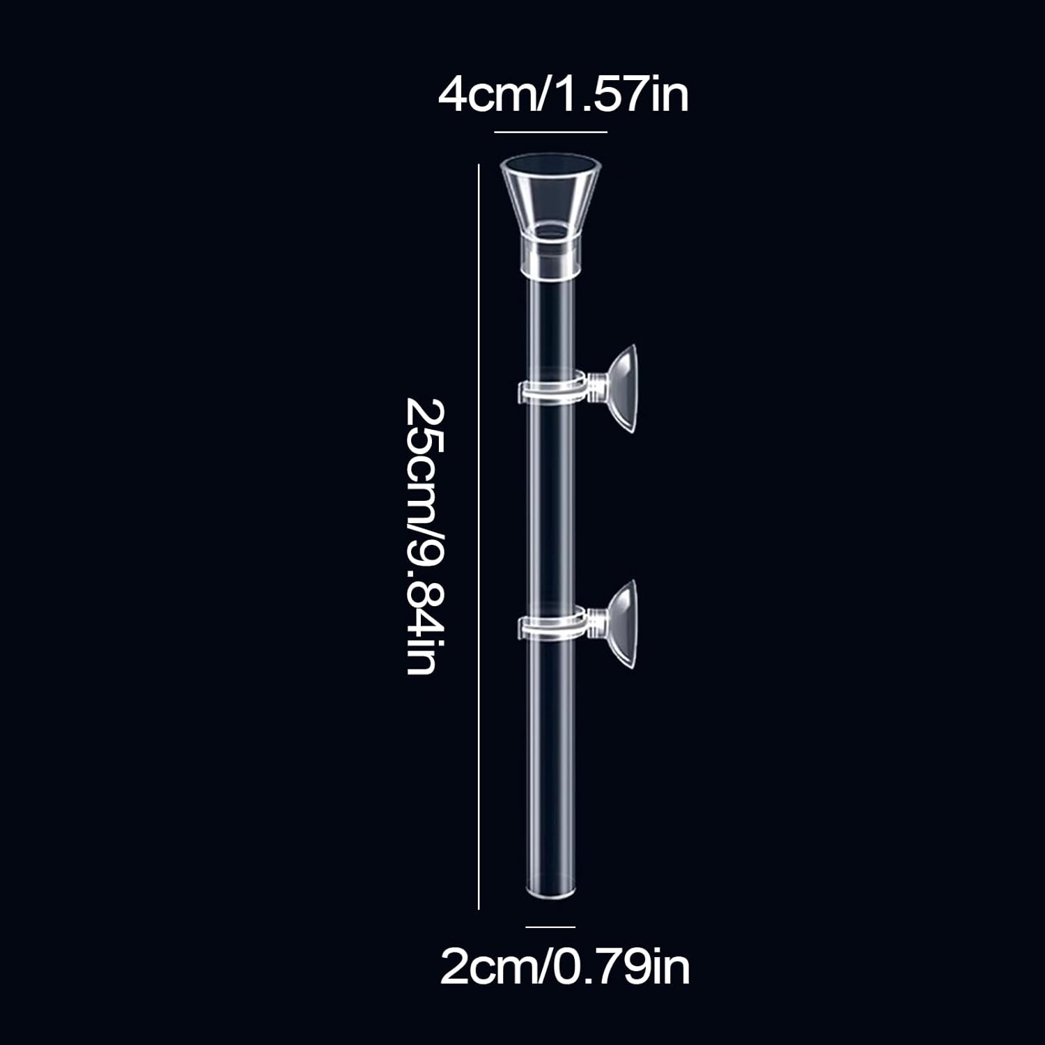 Measurement chart of a clear glass component with dimensions labeled on a black background at Pet Servo
