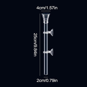 Measurement chart of a clear glass component with dimensions labeled on a black background at Pet Servo