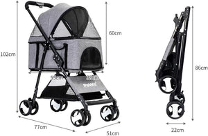 A pet stroller and its folded dimensions are shown on a white background. The stroller is gray and black with mesh windows, and the right side shows the folded stroller with height measurements labeled 86cm at Pet Servo