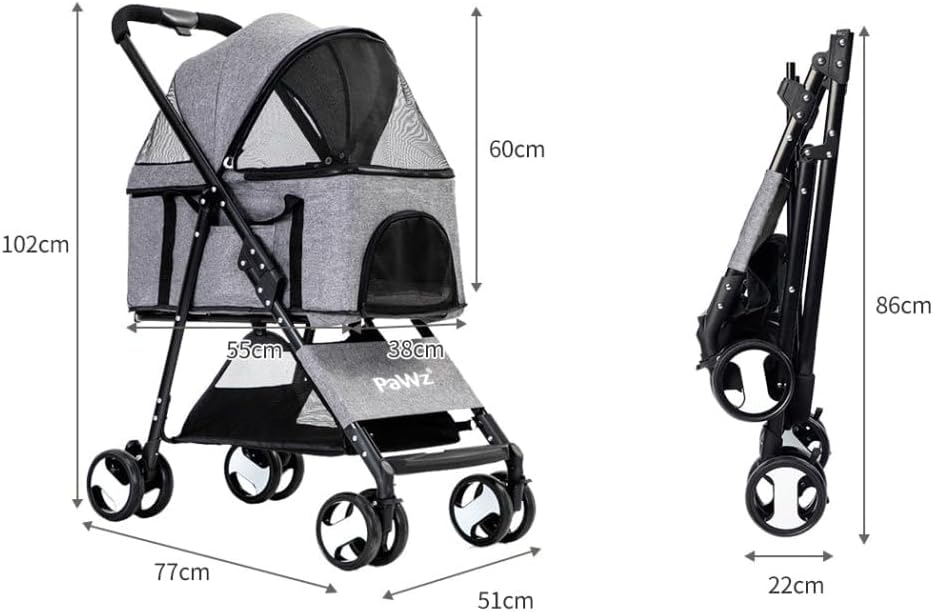 A pet stroller and its folded dimensions are shown on a white background. The stroller is gray and black with mesh windows, and the right side shows the folded stroller with height measurements labeled 86cm at Pet Servo
