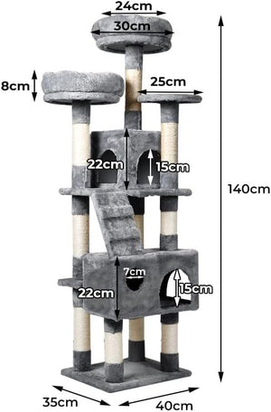 A gray cat tree with multiple scratching posts, platforms, a small, enclosed box, and a ladder, shown with overlaid dimension labels and a total height of 140cm on a white background at Pet Servo