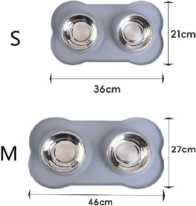 Size comparison diagram for a two-bowl pet feeder, showing small (S) and medium (M) dimensions in centimeters with measurement arrows and labels at Pet Servo