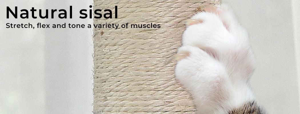 A close-up of a cat's paw scratching a sisal cat tree pad, with text on the left reading 'Natural sisal' and 'Stretch, flex and tone a variety of muscles.' at Pet Servo
