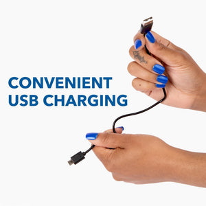 Hand holding a USB cable with text 'Convenient USB Charging' on a white background