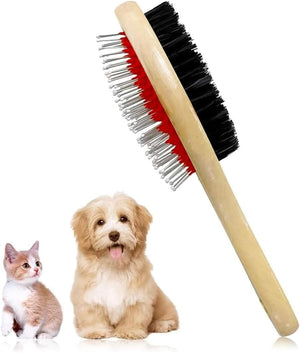 Pet grooming brush with red and black bristles next to a dog and cat on a white background at Pet Servo