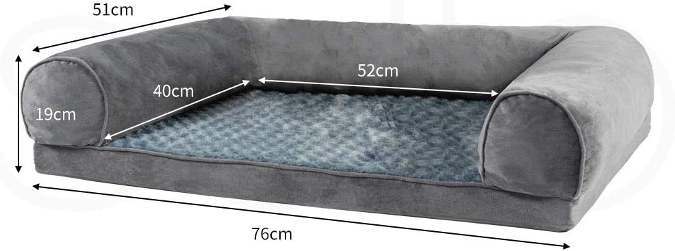 Gray pet bed with dimensions marked on it at Pet Servo