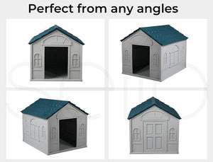 A doghouse shown from four different angles on a white background, with the text 'Perfect from any angles' at the top. The doghouse has a light gray body and a dark teal roof at Pet Servo