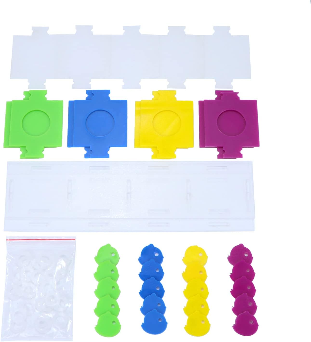 Colorful plastic building block pieces with corresponding small beads on a white background at Pet Servo