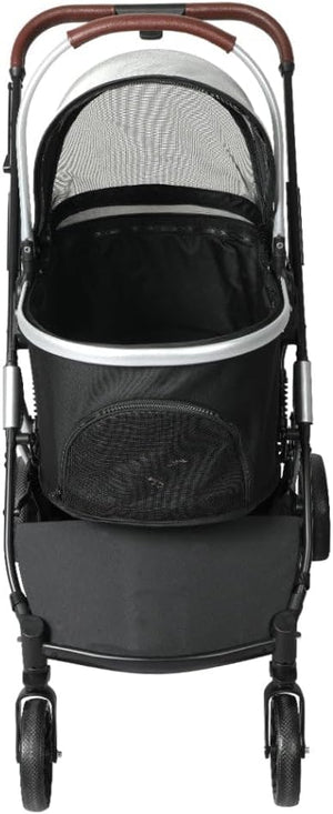 A black stroller pet seat inserts with a mesh canopy and a front mesh pocket, shown installed on a stroller frame against a white background at Pet Servo