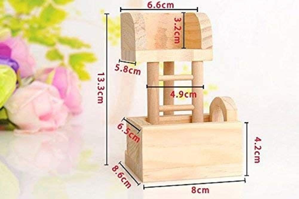 Wooden toy structure with dimensions labeled on a floral background at Pet Servo