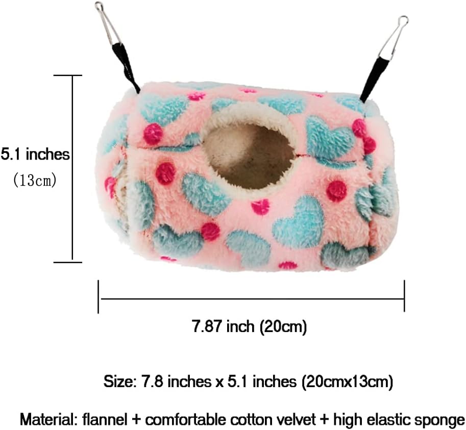 Fluffy pink and blue pet cave with measurements and material details on a white background at Pet Servo