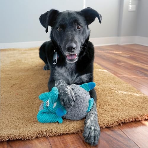 Dog playing with a plush toy on a carpeted floor at Pet Servo