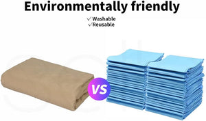 A comparison graphic showing a single tan reusable pad on the left and multiple stacks of light blue reusable pads on the right, with text reading 'Environmentally friendly' and 'Washable Reusable' above, plus a purple 'VS' badge at Pet Servo