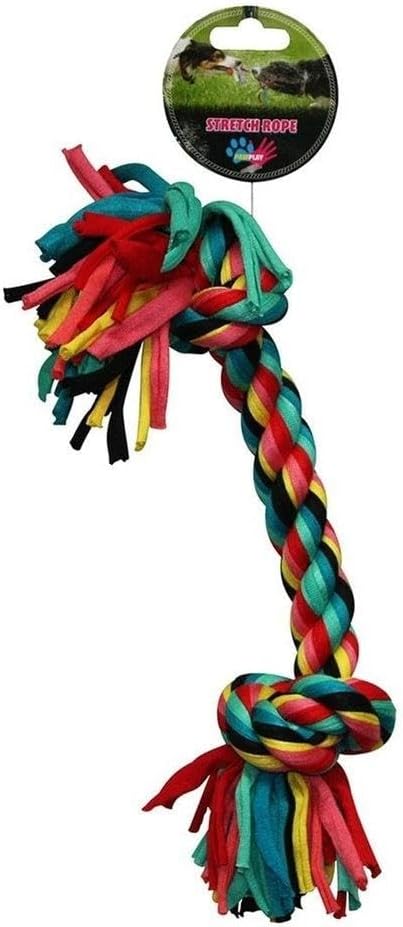 Colorful braided dog toy with a knot on a white background, featuring a brand label.