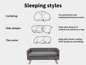 Diagram showing different sleeping styles of dogs with illustrations and text on a white background at Pet Servo