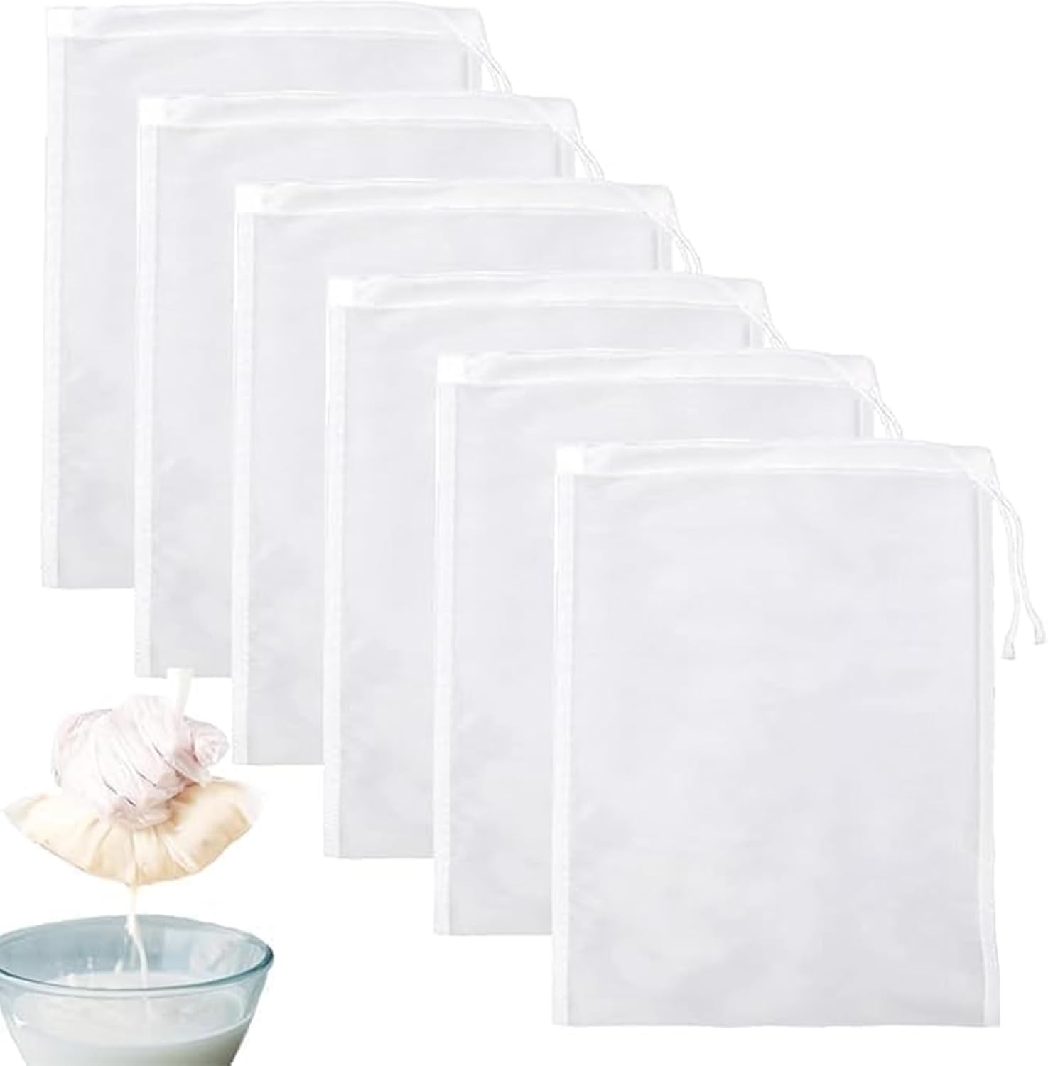 Set of white drawstring bags with a small bowl and towel on a white background at Pet Servo