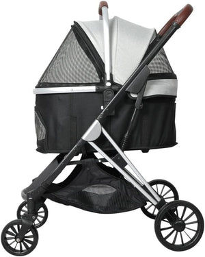 A pet stroller with a black and gray mesh canopy, silver metal frame, brown handle grips, and black wheels, shown against a plain white background at Pet Servo