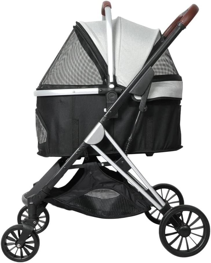 A pet stroller with a black and gray mesh canopy, silver metal frame, brown handle grips, and black wheels, shown against a plain white background at Pet Servo