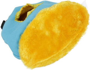 Blue and yellow slipper with fluffy texture on a white background at Pet Servo
