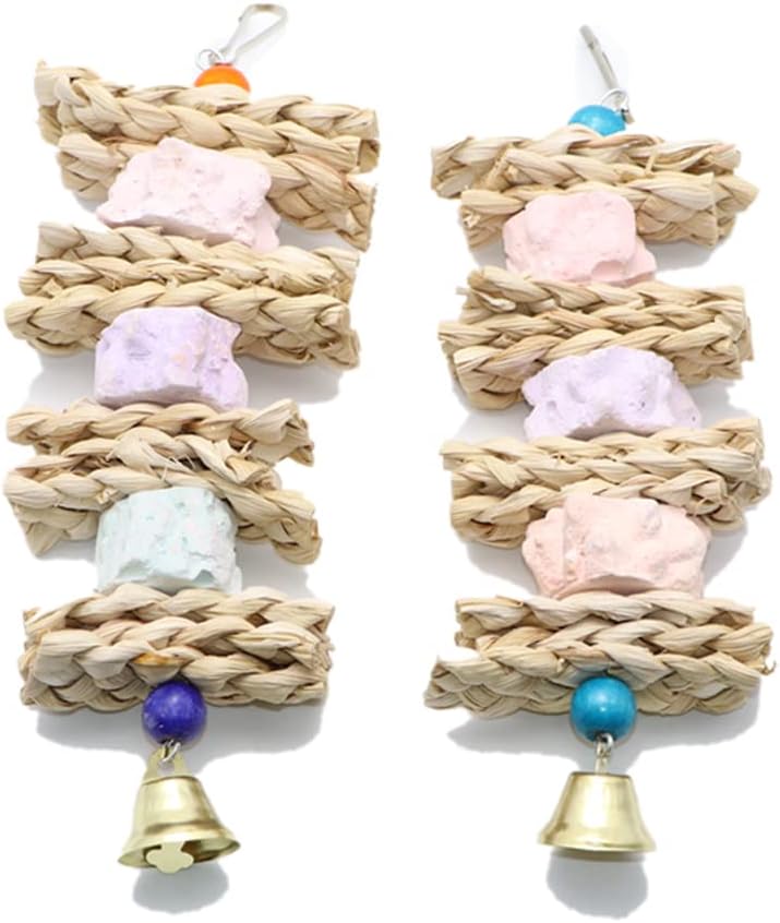 Woven bird toys with stones and bells on a white background at Pet Servo