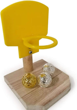 Yellow basketball hoop with two balls on a wooden base against a white background at Pet Servo