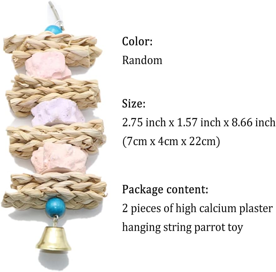 Parrot toy with high calcium plaster and a bell, featuring dimensions and package content on a white background at Pet Servo