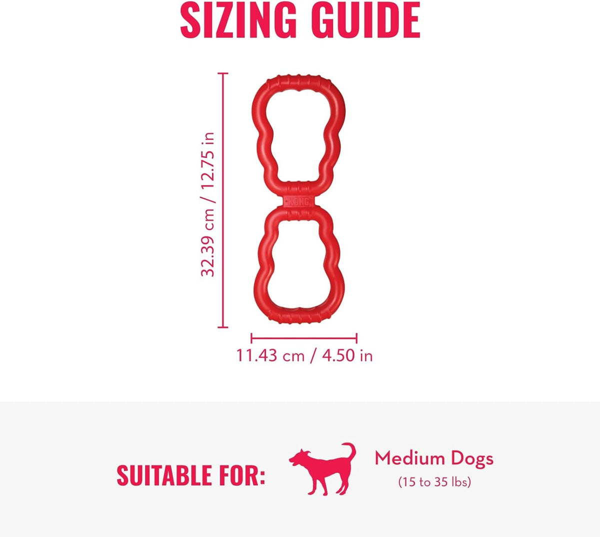 Sizing guide for a red dog toy with dimensions and suitability for medium dogs at Pet Servo