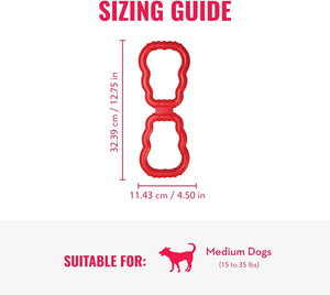 Sizing guide for a red dog toy with dimensions and suitability for medium dogs at Pet Servo