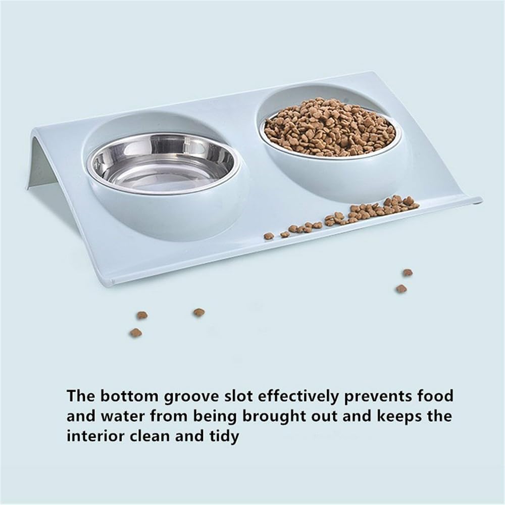 A dual-bowl pet feeder and waterer tray with stainless steel bowls, shown on a light blue background with kibble spilled on the tray. Text at the bottom explains how the bottom groove slot prevents food and water from being brought out at Pet Servo