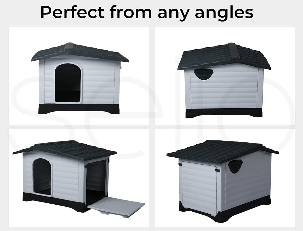 Four views of a small white and black doghouse on a light gray background, with the text 'Perfect from any angles' at the top. The doghouse is shown from the front, back, and open-door angles at Pet Servo
