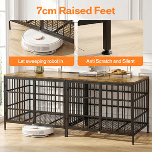 Dog crate with raised feet design, featuring a robot vacuum cleaner inside at Pet Servo