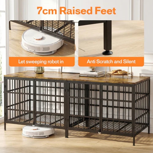 Dog crate with raised feet design, featuring a robot vacuum cleaner inside at Pet Servo