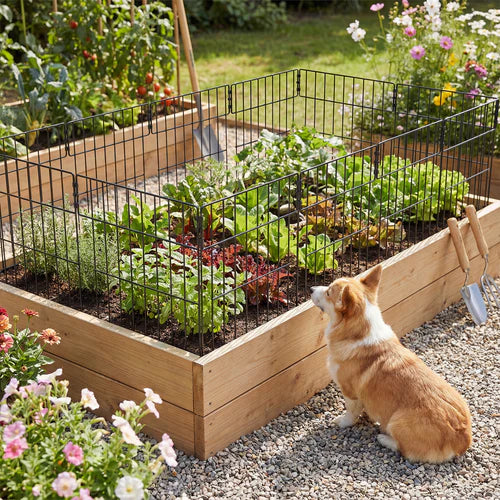 Dog sitting next to a raised garden bed with plants and flowers at Pet Servo